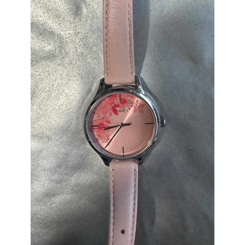 Timex Women’s Pink Floral Dial Watch Genuine Leather Strap 30M Quartz